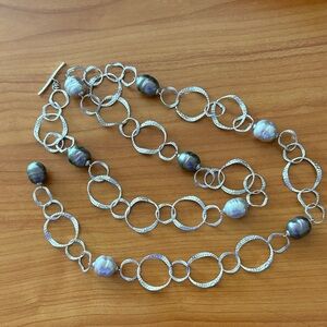 Two Tone Pearl and Hammered Silver Necklace with Toggle Closure